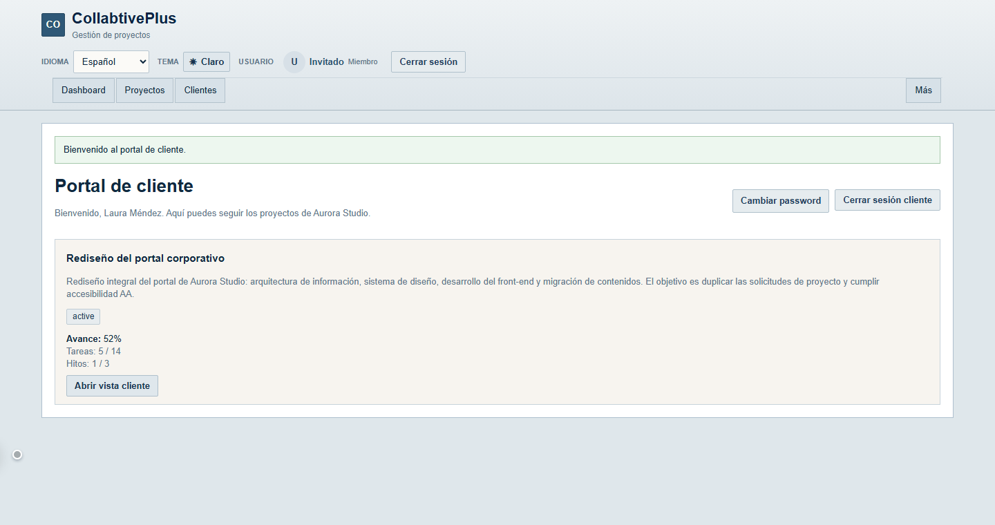 Portal de cliente con avance, tareas y entregables de su proyecto