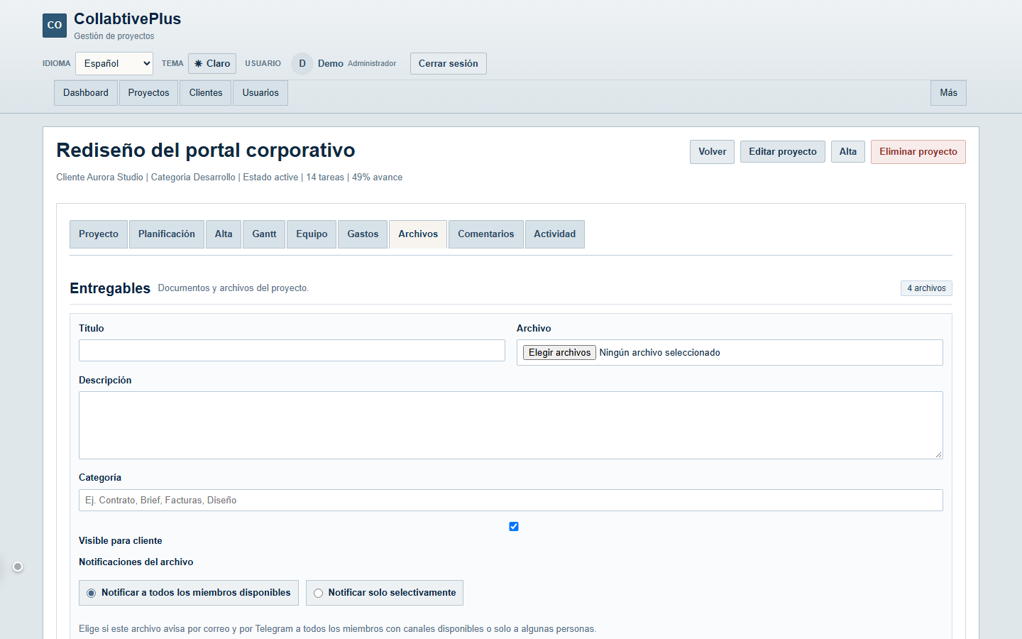 Formulario de entregables con archivo, categoría y visibilidad para cliente