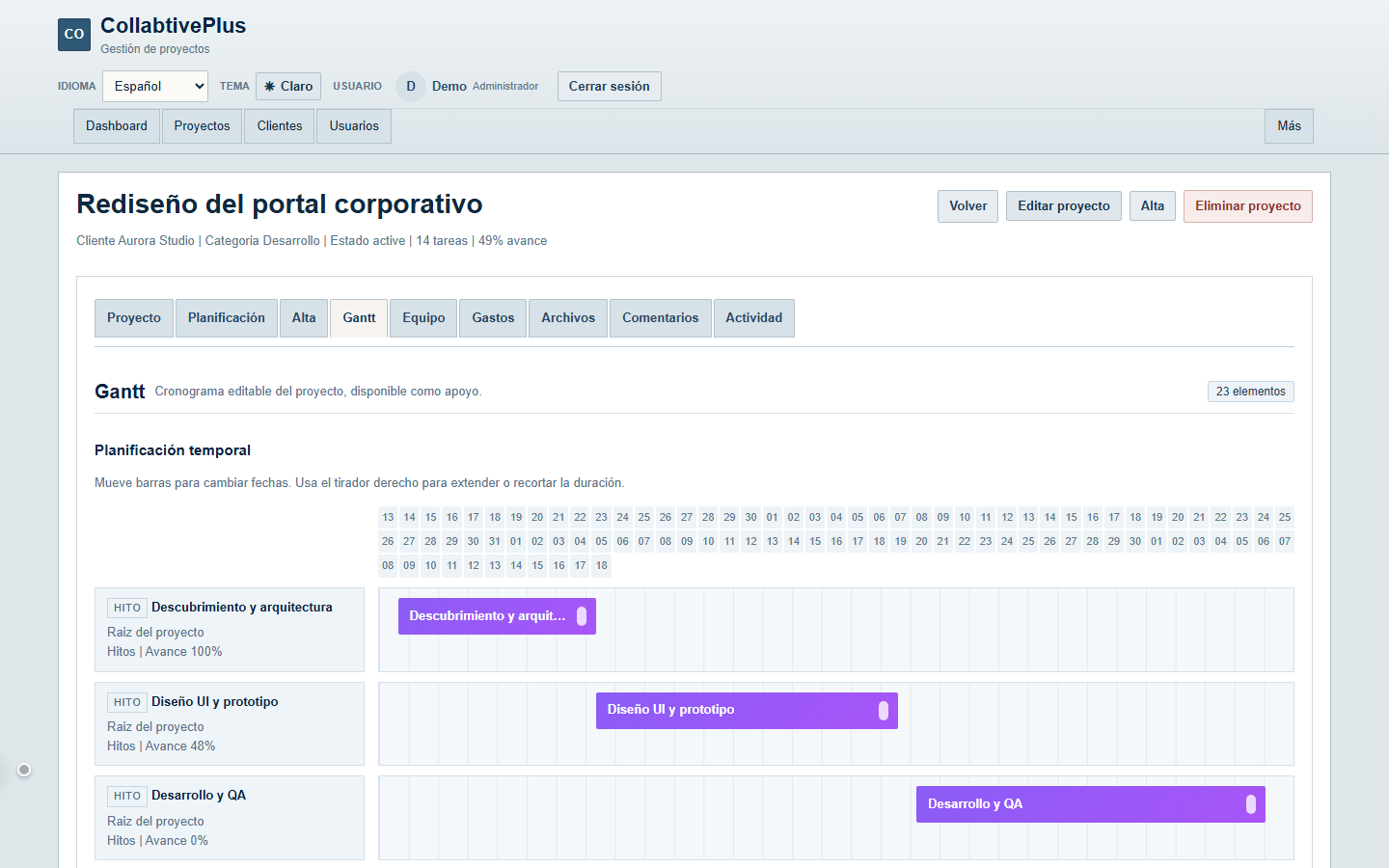 Cronograma Gantt editable con barras por hito